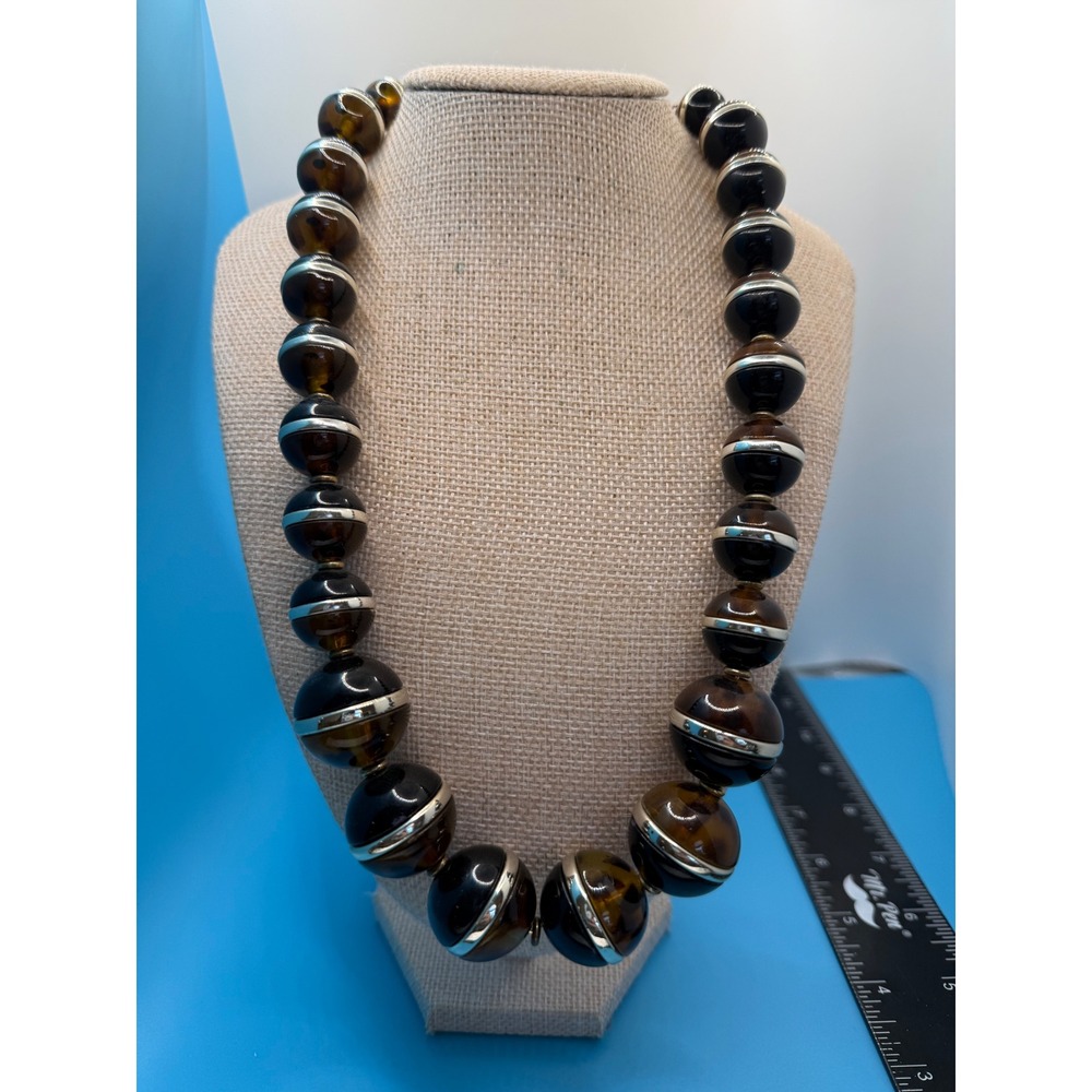 Coldwater Creek Tortoiseshell Bead Necklace Silver Band Chunky Statement Brown